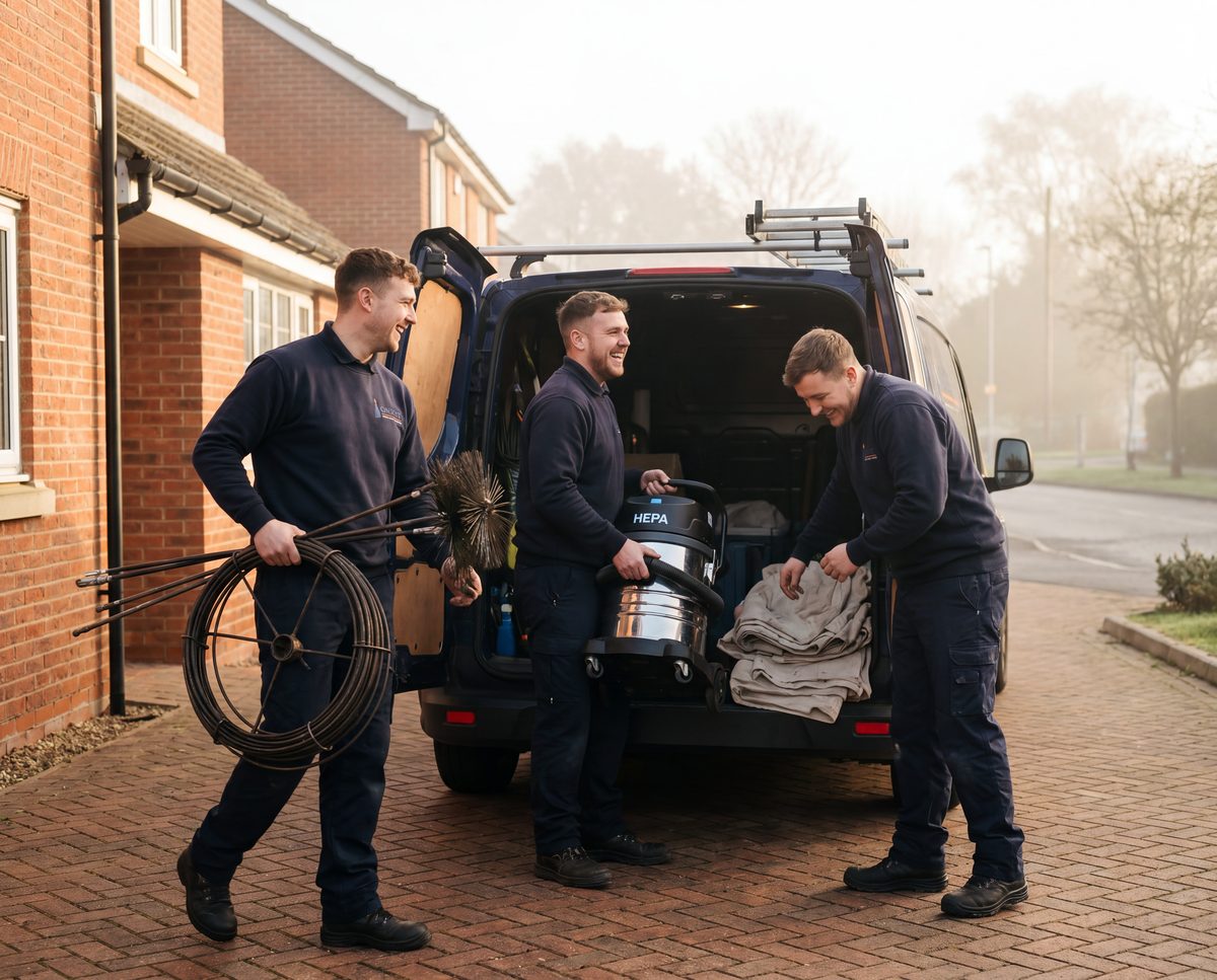 On Spot crew loading sweeping rods, brushes and a HEPA vacuum into the service van at the start of the day