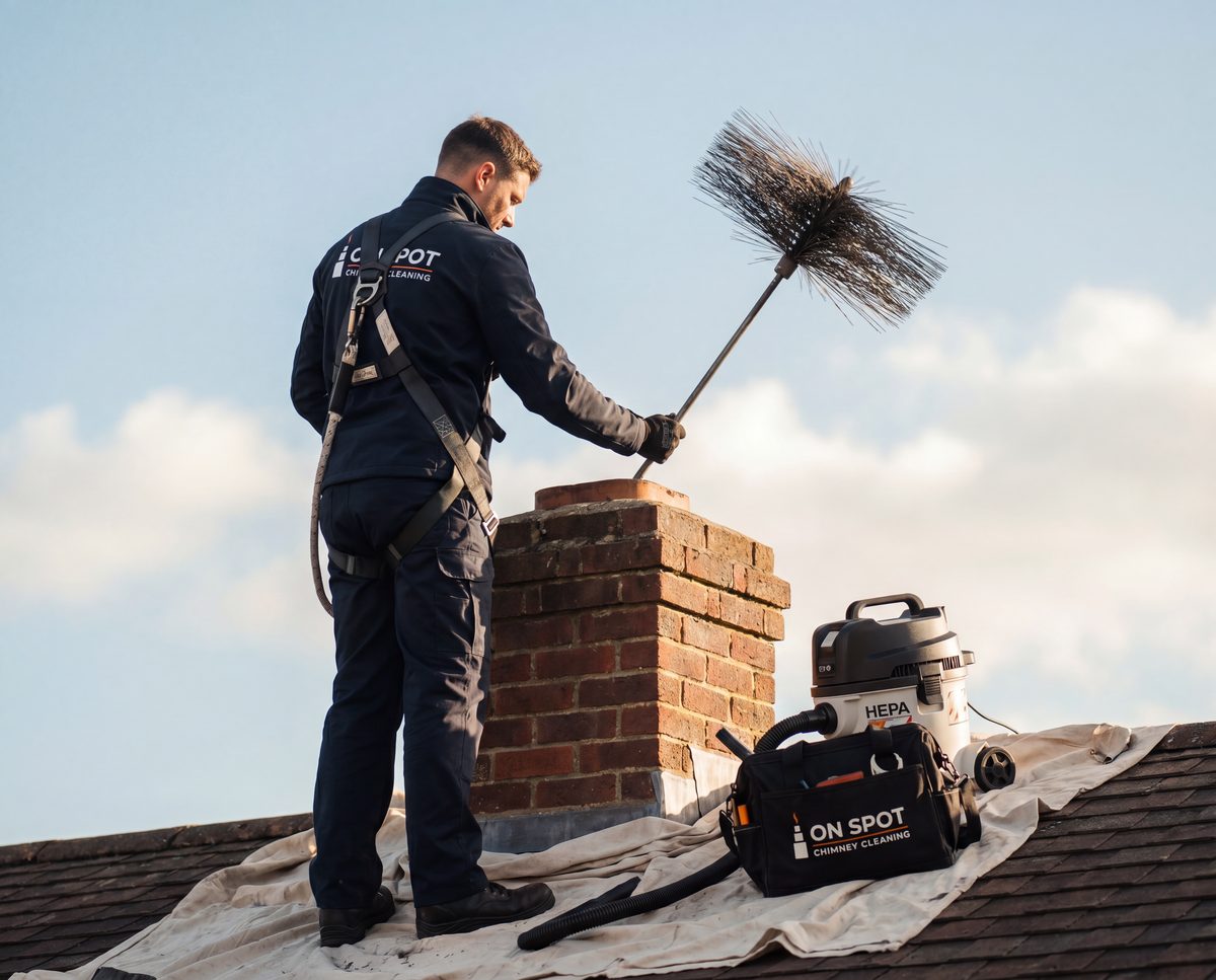 On Spot technician in a safety harness sweeping a brick chimney from the rooftop